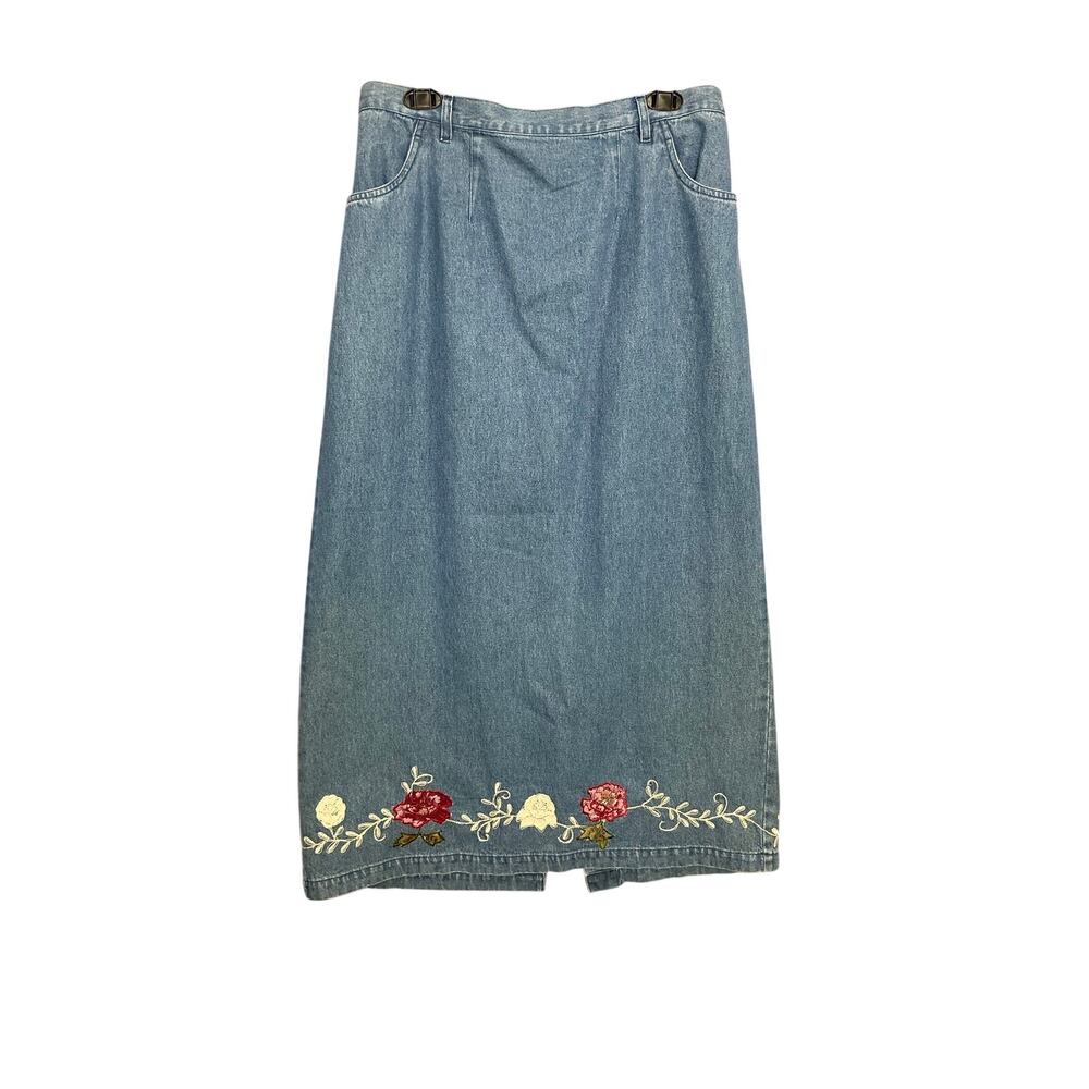 Y2K Vintage Floral Embroidered Denim Maxi Skirt‎ Size XL 90s Cottage Cotton